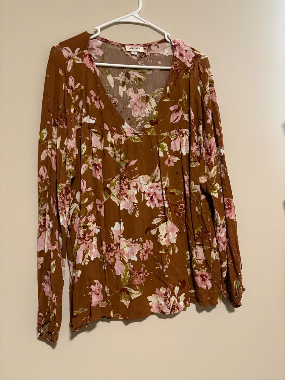 Andree Brown Floral V-Neck Long Sleeve Blouse with Pink Blooms